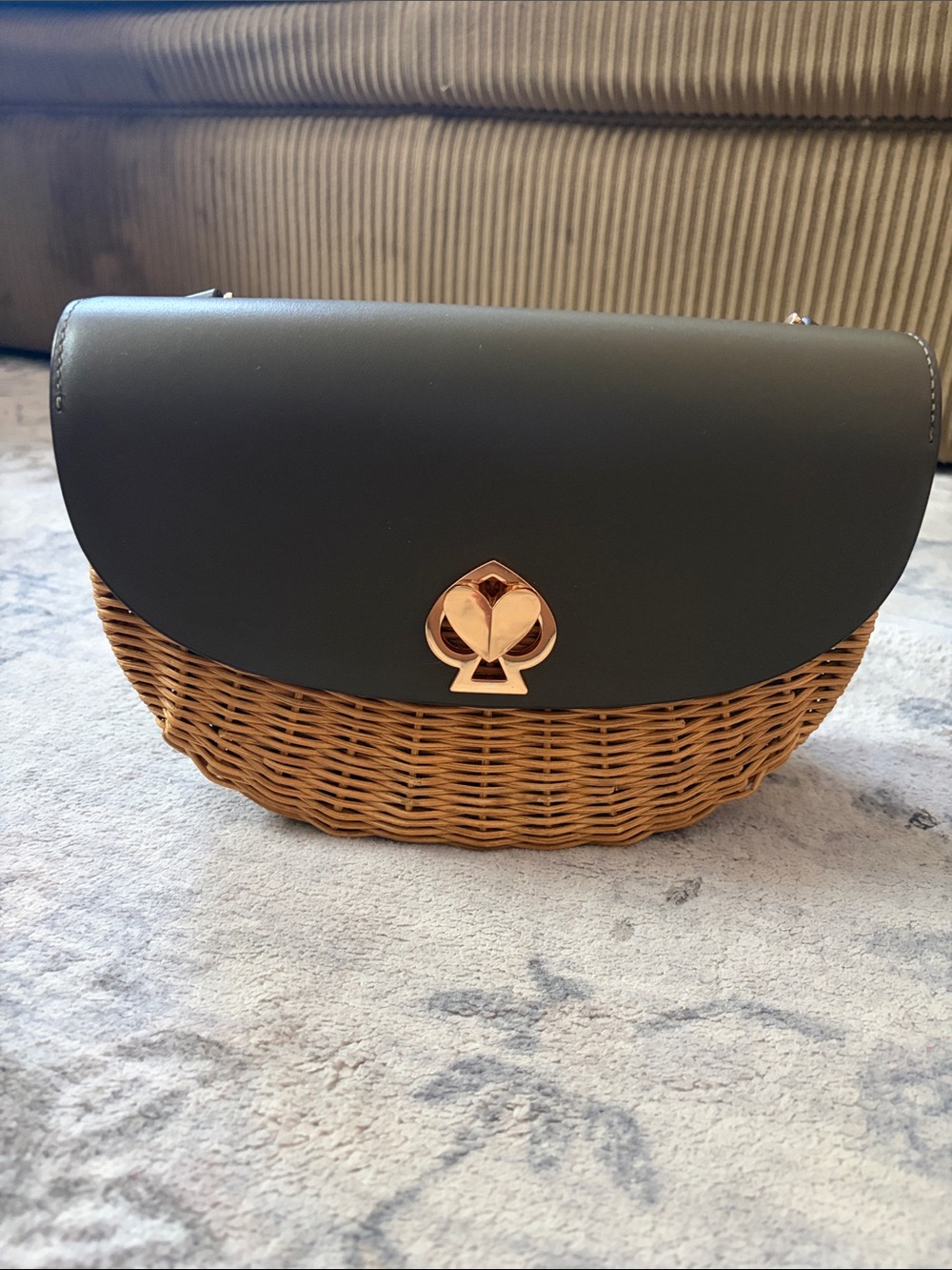 kate spade Black Leather & Wicker Crossbody with Gold-Tone Spade Lock